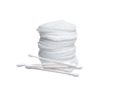 Cotton pads and swabs stacked together on a white background, showcasing essential beauty and personal care items for skincare routines and makeup application