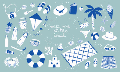 Hand-drawn vector beach-themed doodle set including summer accessories, tropical elements, and travel icons. Fun and playful whimsical design in blue and white.