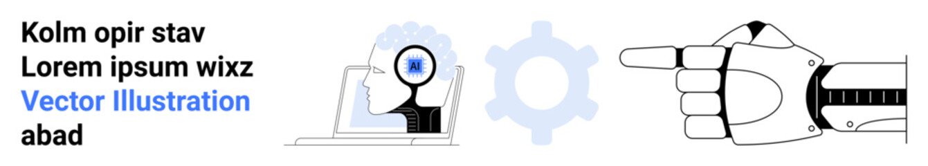 Robotic hand pointing, human head with magnifying glass on laptop screen, faint gear. Ideal for AI, innovation, robotics, research, data analysis, futuristic design simple landing page