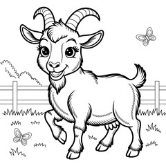 A black and white goat illustration line art of a coloring page 