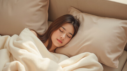 Peaceful young woman is sleeping comfortably soft blanket cozy couch, surrounded by plush pillows. serene atmosphere evokes sense of tranquility