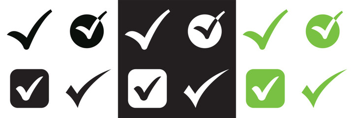 Check Mark icon set.  Green, white and black check mark icon. Tick symbol. Correct vote choice symbol. Isolated on white and black background. Vector illustration.  EPS 10