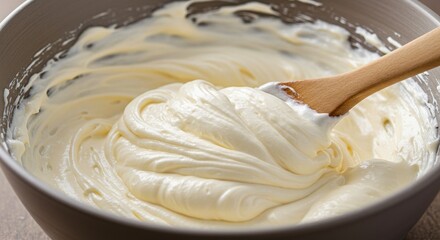 Creamy cake frosting in bowl with wooden spoon for baking and dessert recipes