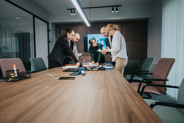 A group of employees gathers in a modern meeting room to discuss and collaborate during a business...