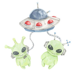 Watercolor clipart of silver-red UFO beaming up two small green aliens with antennae and headphones. Space creatures. Great for party decor, childrens puzzles, and themed event posters