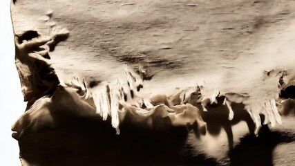 Close-up texture of aged canvas fabric with tattered edges showing loose threads, creating distressed and weathered visual effect, beige color palette, shadows and light. - Powered by Adobe