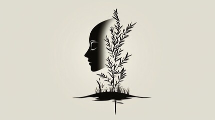 Profile of a person with a plant emerging from their head
