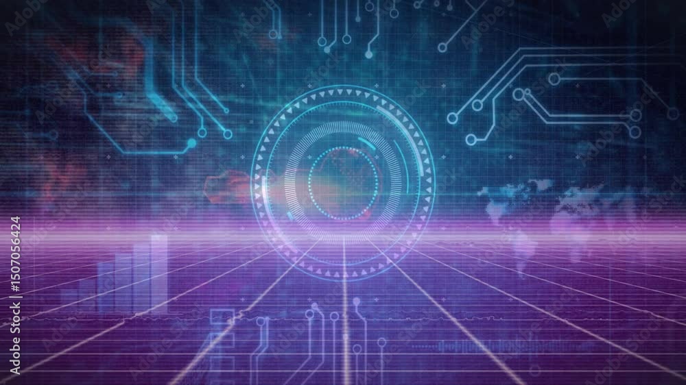 Poster glowing purple grid plane initiating pulsing ring animating circuits for data display rotating hud