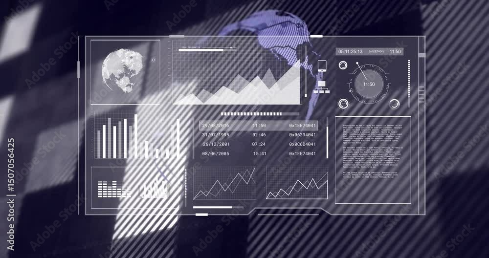 Poster outlines glowing and bars shifting as 3d globe growing and rotating behind dashboard updating data