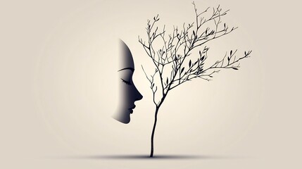 Profile of a woman, with a bare tree beside her