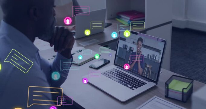 Businessman initiating business call generating icons and chat bubbles showing discussion flow