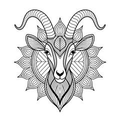 A black and white mandala goat head illustration line art of a coloring page 