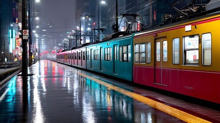 Obraz premium A train traveling through a rainy city at night with glowing reflections.