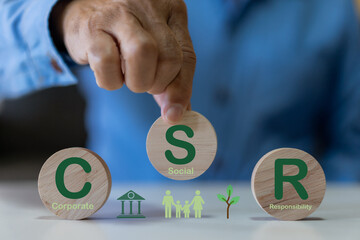 People showing csr concept in business supporting corporate social responsibility, clean energy, green eco environment, esg strategy, sustainable development and social impact for better corporate