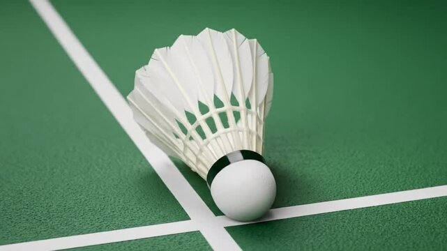 badminton racket and shuttlecock on green background.Classic White Badminton Shuttlecock: Closeup on Green Court Line.