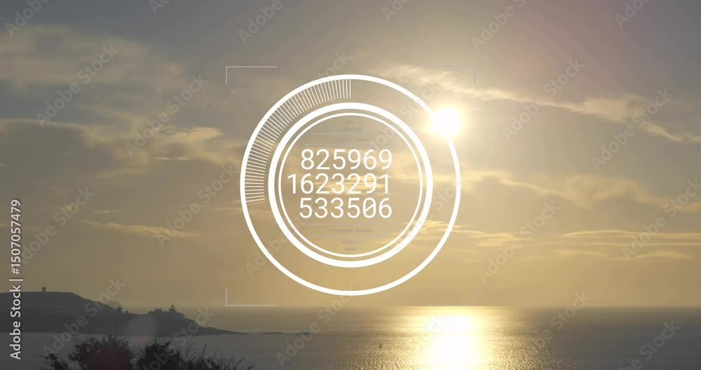 Poster glowing sun starting pulsing circular hud overlaying sunset while extracting changing data values