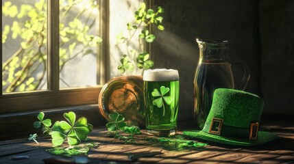 Colorful St. Patrick's Day scene with festive decorations, lucky shamrocks, and leprechauns dancing in green. Celebrate Irish spirit with joy and charm!