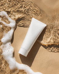 White cream tube lies on beige sand with clean water. Minimalistic vertical mockup of skincare cosmetics for summer, flat lay with sunlight