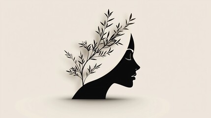 Profile of a woman with delicate plant branches in her hair, suggestive of beauty and nature