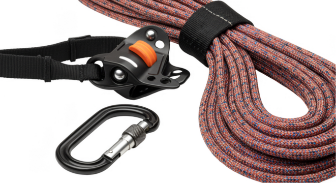 Isolated Transparent Background of Climbing Rope Carabiner and Gear