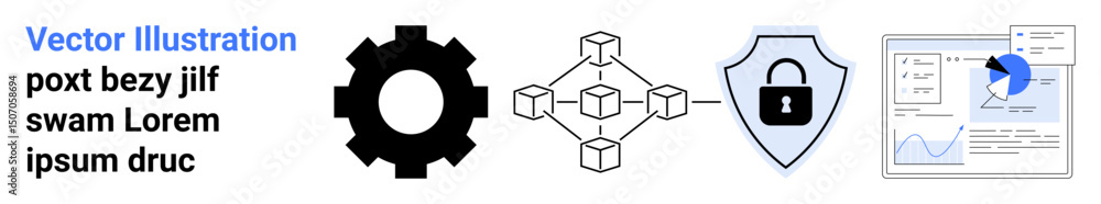 Poster gear, blockchain network, security shield with lock, and analytics dashboard with pie and line chart