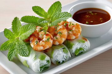 Shrimp Spring Rolls with Mint and Dipping Sauce on White Plate Close Up. Generative AI