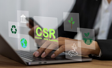 People showing csr concept in business supporting corporate social responsibility, clean energy, green eco environment, esg strategy, sustainable development and social impact for better corporate