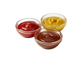Three bowls of delicious sauces ketchup mustard and barbecue sauce for meals and snacks