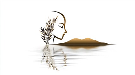 Profile of woman with plants and mountains reflected in water