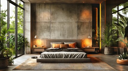 An industrial-inspired bedroom with concrete walls metal bed frames and minimalist decor creating a sleek and urban retreat interior