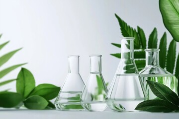Eco-friendly laboratory concept featuring clear liquid in glass beakers surrounded by green plants, symbolizing innovation in natural beauty and sustainable cosmetics.

