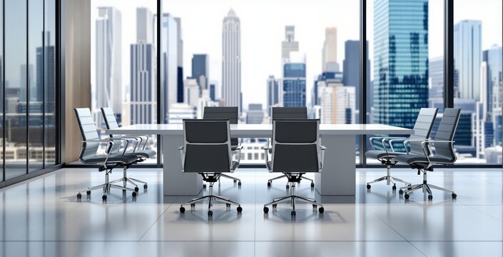 Modern business meeting room with executive chairs and table, clean minimalist style, skyscrapers in background, concept of professional workspace. Ai generative - Powered by Adobe