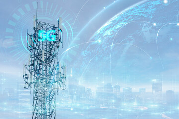 Telecommunication tower or Mobile phone tower with 5G cellular network . Global connection and...