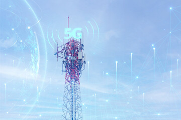 Telecommunication tower or Mobile phone tower with 5G cellular network . Global connection and...