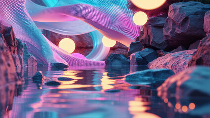 Abstract landscape featuring glowing orbs, water reflection, and neon color gradients in a surreal environment