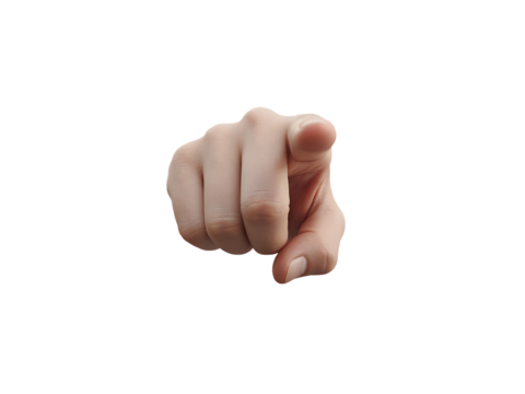 Human hand pointing towards the viewer with a direct and assertive gesture over black