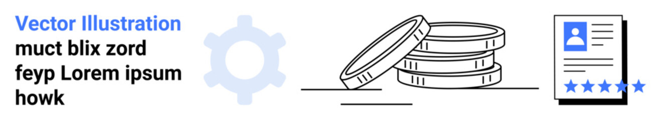 Gear, stacked coins suggesting economy and growth near a profile card with rating system. Ideal for financial analysis, business strategy, personal reviews, hiring, technology, ranking, simple