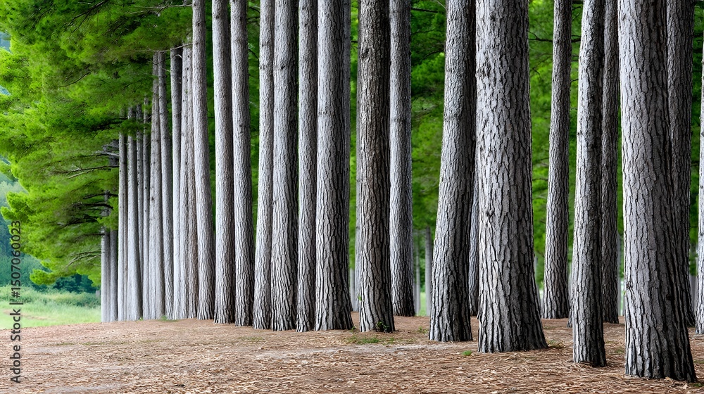 Poster perfectly aligned rows of towering pine trees in a serene forest landscape