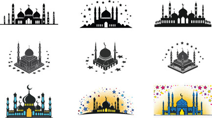 vector set of landmarks, monuments or mosque. Mosque silhouette with stars 