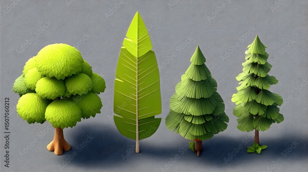 Poster low-poly stylized tree set with forest elements