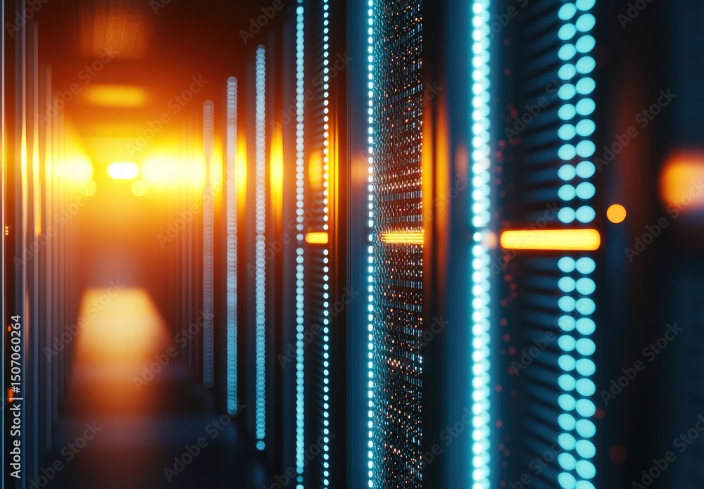 Poster close-up futuristic server corridor with glowing orange and blue lights in dramatic warm lighting, p