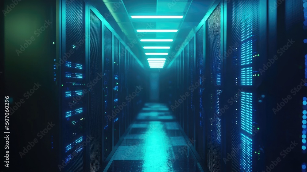 Fototapete futuristic glowing server room interior with illuminated racks and floor reflections, ideal for tech