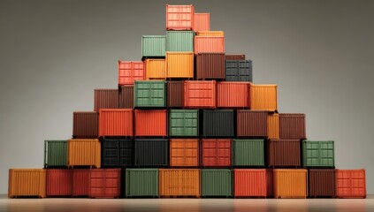 A pyramid stack of colorful shipping containers arranged neatly against a plain background.