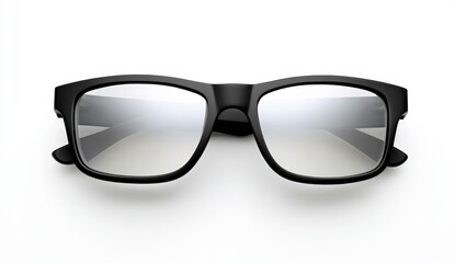 Fototapeta premium Black-framed eyeglasses with clear lenses are displayed on a white background, viewed from the front.