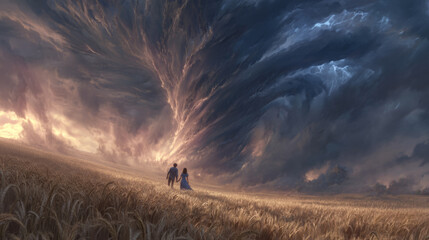 Couple Walking Toward Stormy Tornado in Wheat Field