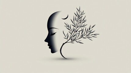 Profile view of a woman's face with a plant branch and moon, symbolic of beauty and nature