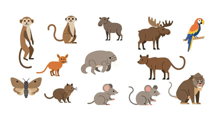 Collection of various colorful animals in a flat design style on a black background
