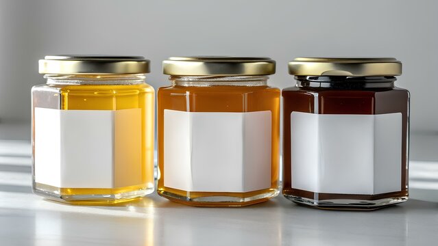Three honey jars with blank labels on white surface