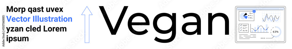 Poster arrow pointing upward beside bold vegan text with small chart visuals, data dashboards. ideal for su