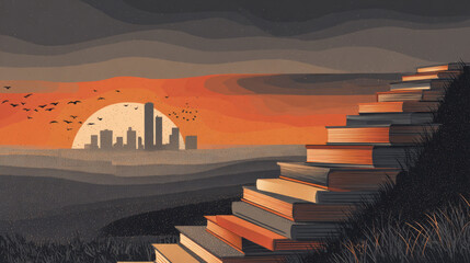 Sunrise over a symbolic staircase made of books leading up to a school, representing the journey of learning.